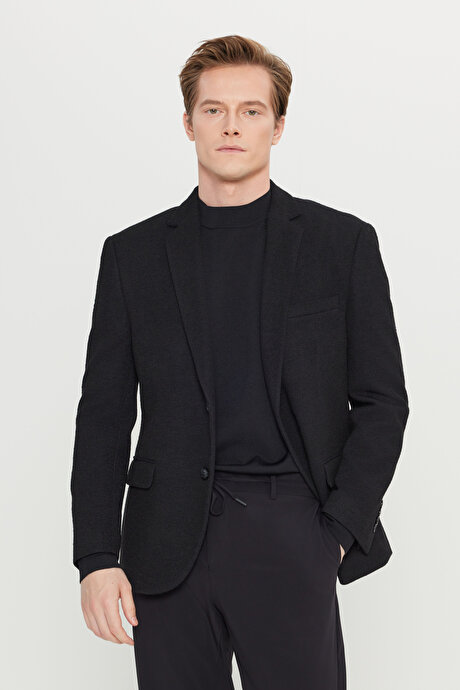 Yünlü Regular Fit Normal Kesim Mono Yaka Kapak Cepli Blazer Siyah Ceket resmi