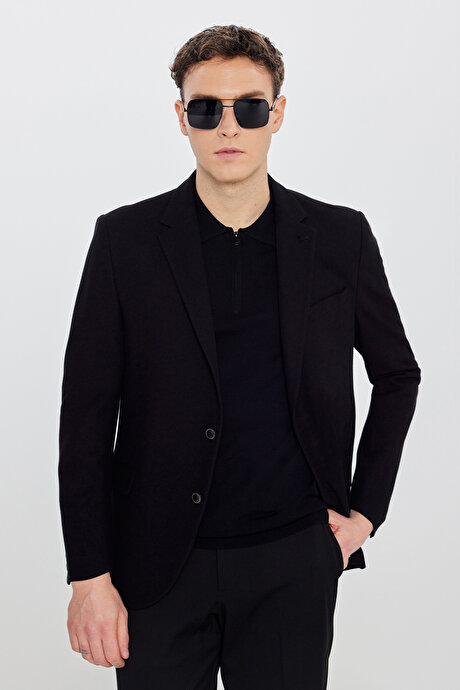 Pamuklu Regular Fit Normal Kesim Mono Yaka Kapak Cepli Armürlü Blazer Siyah Ceket resmi