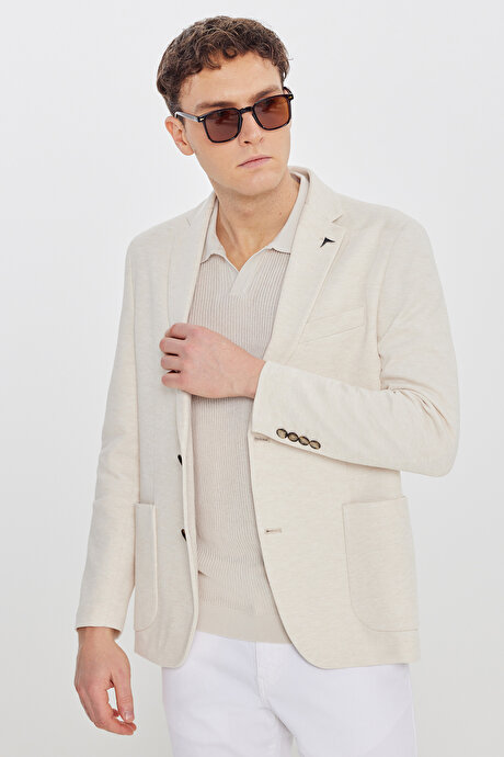 Pamuklu Regular Fit Normal Kesim Mono Yaka Torba Cepli Armürlü Blazer Bej Ceket resmi