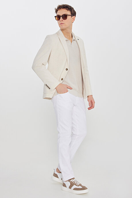 Pamuklu Regular Fit Normal Kesim Mono Yaka Torba Cepli Armürlü Blazer Bej Ceket resmi