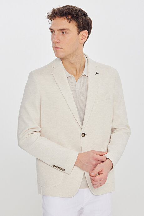 Pamuklu Regular Fit Normal Kesim Mono Yaka Torba Cepli Armürlü Blazer Bej Ceket resmi