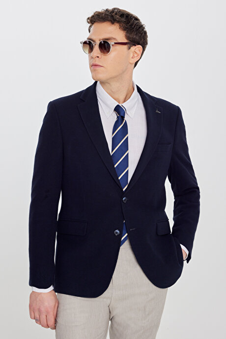 %100 Pamuk Slim Fit Dar Kesim Mono Yaka Kapak Cepli Armürlü Blazer Siyah Ceket resmi