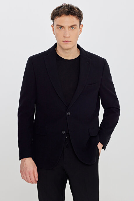 %100 Pamuk Slim Fit Dar Kesim Mono Yaka Kapak Cepli Armürlü Blazer Siyah Ceket resmi