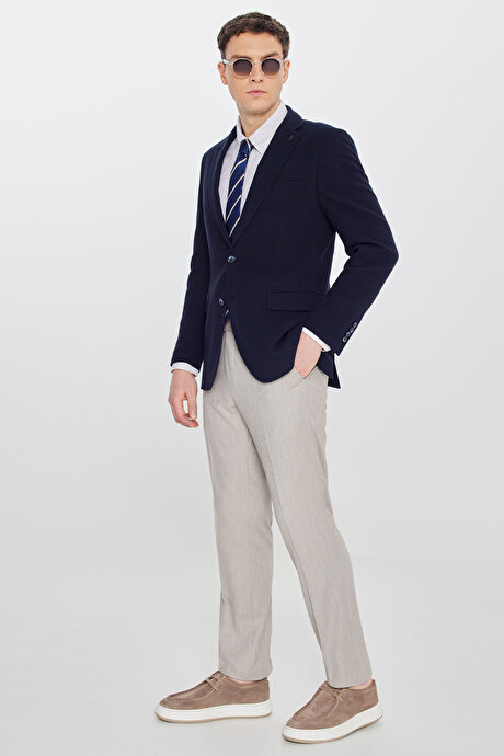 %100 Pamuk Slim Fit Dar Kesim Mono Yaka Kapak Cepli Armürlü Blazer Siyah Ceket resmi