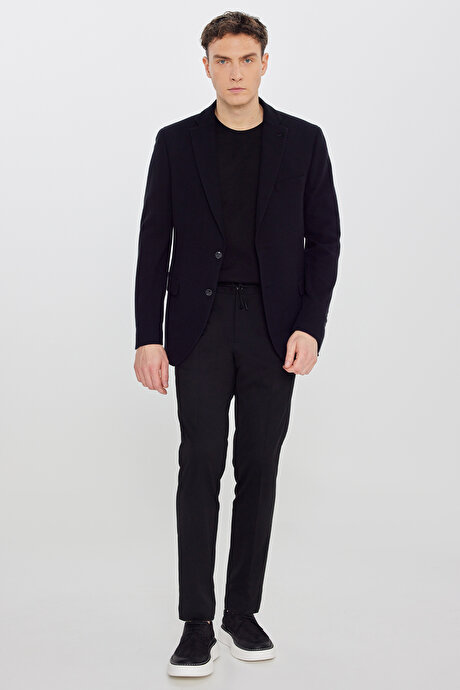 %100 Pamuk Slim Fit Dar Kesim Mono Yaka Kapak Cepli Armürlü Blazer Siyah Ceket resmi