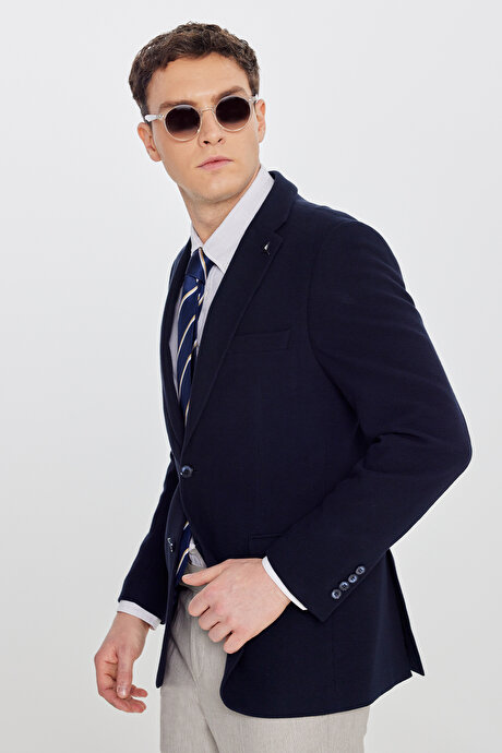 %100 Pamuk Slim Fit Dar Kesim Mono Yaka Kapak Cepli Armürlü Blazer Siyah Ceket resmi