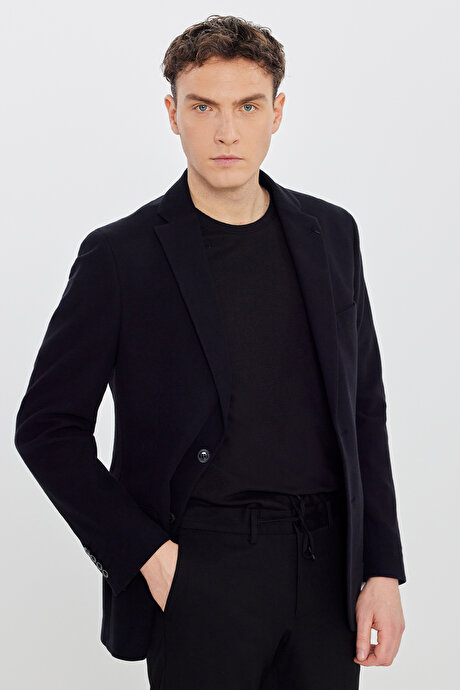 %100 Pamuk Slim Fit Dar Kesim Mono Yaka Kapak Cepli Armürlü Blazer Siyah Ceket resmi