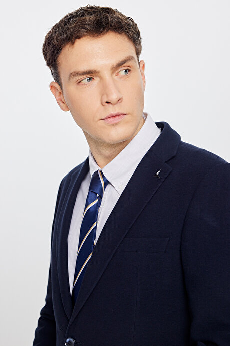 %100 Pamuk Slim Fit Dar Kesim Mono Yaka Kapak Cepli Armürlü Blazer Siyah Ceket resmi