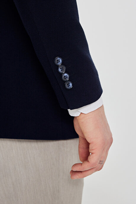 %100 Pamuk Slim Fit Dar Kesim Mono Yaka Kapak Cepli Armürlü Blazer Siyah Ceket resmi