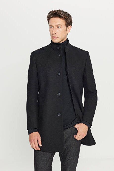 Yün Standart Fit Normal Kesim Dik Yaka Diagonal Desenli Yan Cepli Siyah Palto resmi