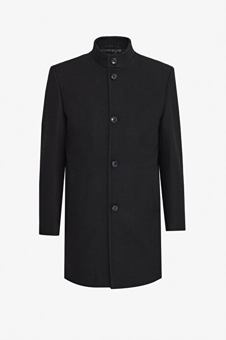 Yün Standart Fit Normal Kesim Dik Yaka Diagonal Desenli Yan Cepli Siyah Palto resmi