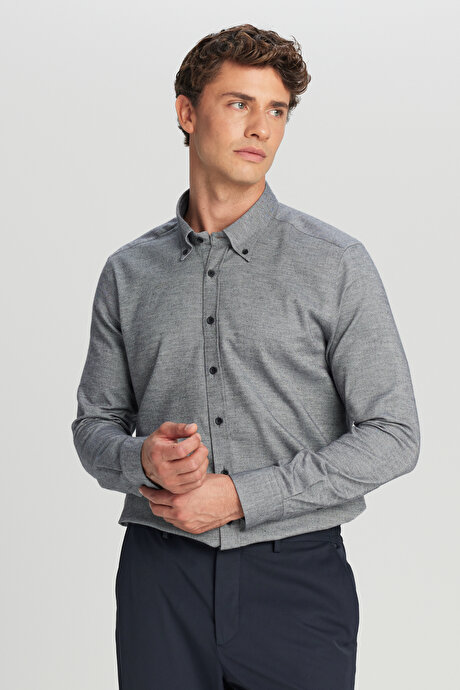 %100 Pamuk Slim Fit Dar Kesim Düğmeli Yaka Diagonal Desenli Flanel Antrasit Gömlek resmi