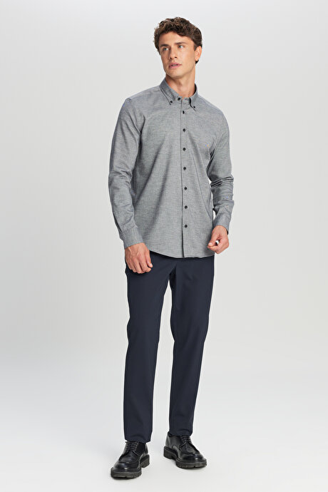 %100 Pamuk Slim Fit Dar Kesim Düğmeli Yaka Diagonal Desenli Flanel Antrasit Gömlek resmi
