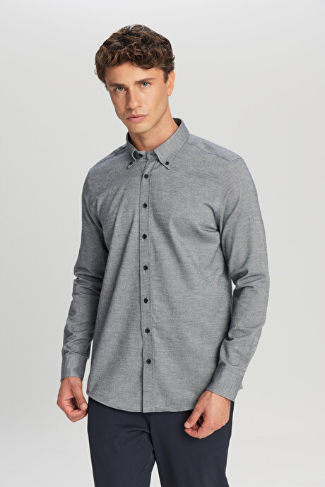 %100 Pamuk Slim Fit Dar Kesim Düğmeli Yaka Diagonal Desenli Flanel Antrasit Gömlek resmi