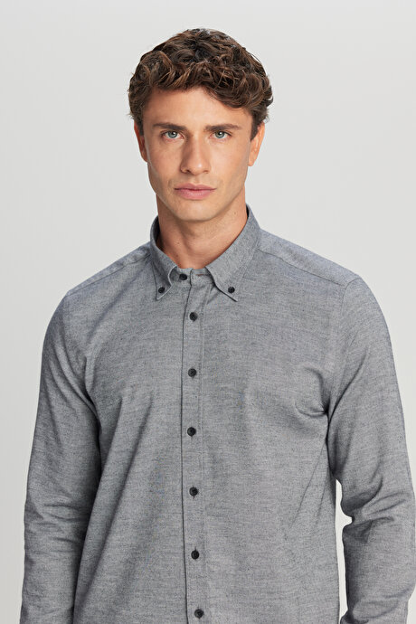%100 Pamuk Slim Fit Dar Kesim Düğmeli Yaka Diagonal Desenli Flanel Antrasit Gömlek resmi