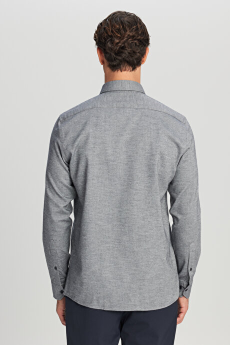 %100 Pamuk Slim Fit Dar Kesim Düğmeli Yaka Diagonal Desenli Flanel Antrasit Gömlek resmi
