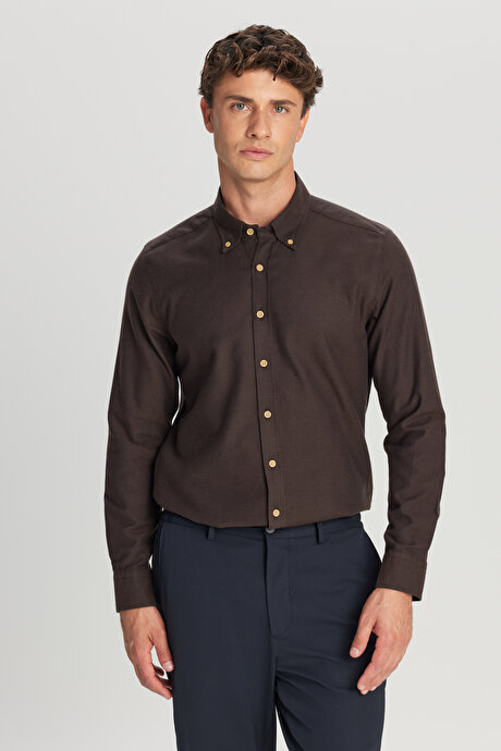 %100 Pamuk Slim Fit Dar Kesim Düğmeli Yaka Diagonal Desenli Flanel Kahverengi Gömlek resmi