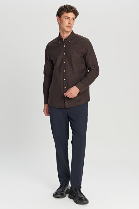 %100 Pamuk Slim Fit Dar Kesim Düğmeli Yaka Diagonal Desenli Flanel Kahverengi Gömlek resmi