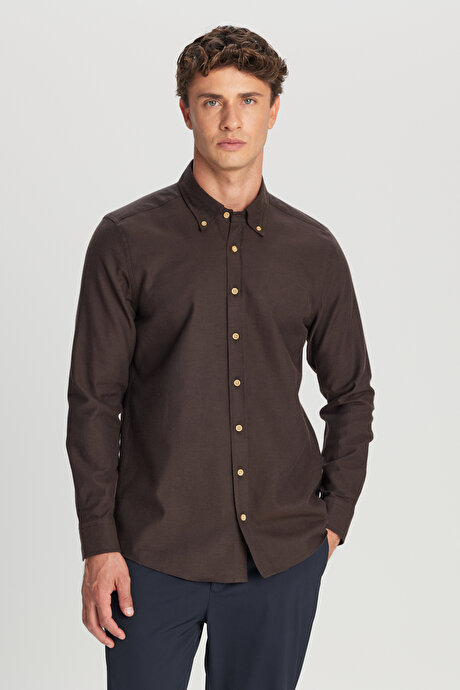 %100 Pamuk Slim Fit Dar Kesim Düğmeli Yaka Diagonal Desenli Flanel Kahverengi Gömlek resmi