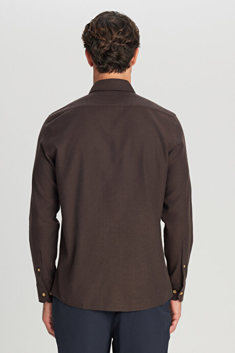 %100 Pamuk Slim Fit Dar Kesim Düğmeli Yaka Diagonal Desenli Flanel Kahverengi Gömlek resmi