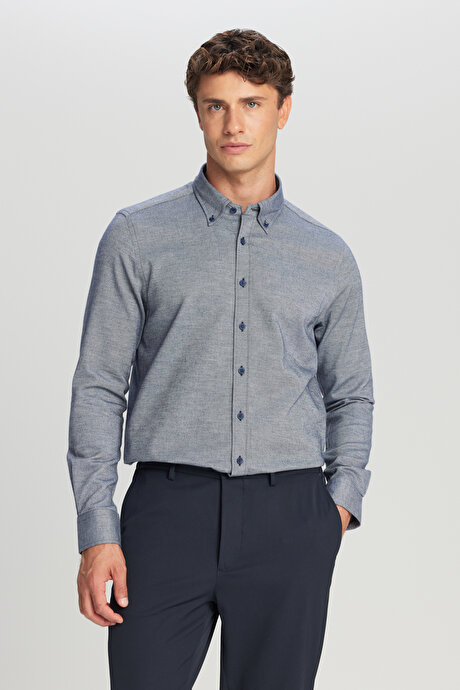 %100 Pamuk Slim Fit Dar Kesim Düğmeli Yaka Diagonal Desenli Flanel Lacivert Gömlek resmi