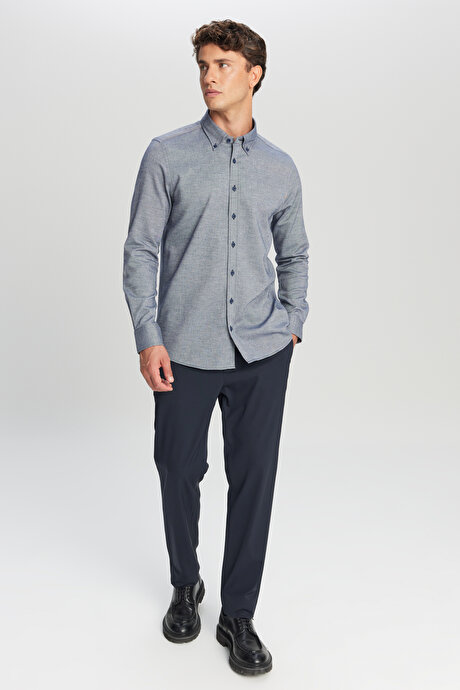 %100 Pamuk Slim Fit Dar Kesim Düğmeli Yaka Diagonal Desenli Flanel Lacivert Gömlek resmi