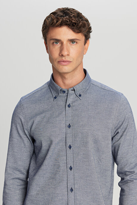 %100 Pamuk Slim Fit Dar Kesim Düğmeli Yaka Diagonal Desenli Flanel Lacivert Gömlek resmi