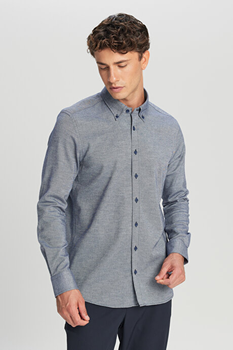%100 Pamuk Slim Fit Dar Kesim Düğmeli Yaka Diagonal Desenli Flanel Lacivert Gömlek resmi