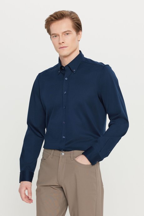 %100 Pamuk Slim Fit Dar Kesim Düğmeli Yaka Örme Lacivert Gömlek resmi
