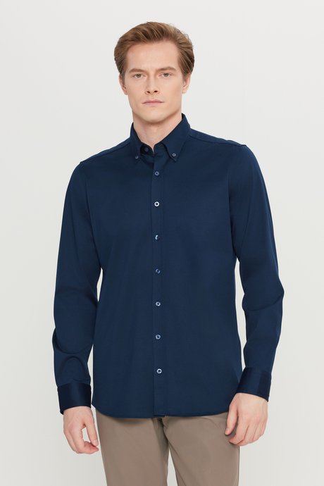 %100 Pamuk Slim Fit Dar Kesim Düğmeli Yaka Örme Lacivert Gömlek resmi