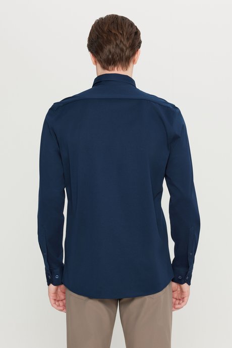 %100 Pamuk Slim Fit Dar Kesim Düğmeli Yaka Örme Lacivert Gömlek resmi