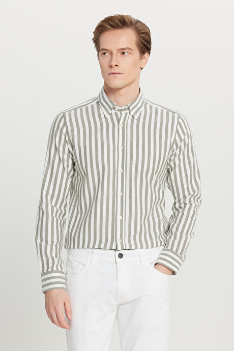 %100 Pamuk Flanel Slim Fit Dar Kesim Düğmeli Yaka Çizgili Haki-Beyaz Gömlek resmi