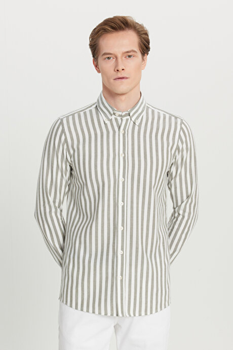 %100 Pamuk Flanel Slim Fit Dar Kesim Düğmeli Yaka Çizgili Haki-Beyaz Gömlek resmi