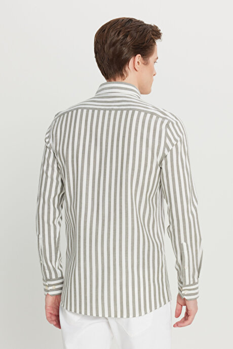 %100 Pamuk Flanel Slim Fit Dar Kesim Düğmeli Yaka Çizgili Haki-Beyaz Gömlek resmi