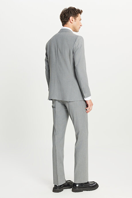 Yünlü Slim Fit Dar Kesim Mono Yaka Kapak Cepli Gri Takım Elbise resmi