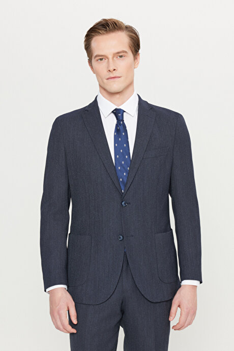 Yünlü Slim Fit Dar Kesim Mono Yaka Torba Cepli Desenli Esnek Lacivert Takım Elbise resmi