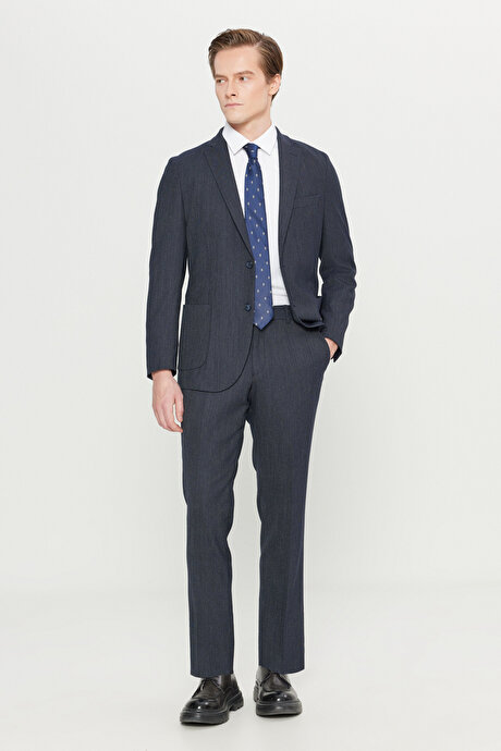 Yünlü Slim Fit Dar Kesim Mono Yaka Torba Cepli Desenli Esnek Lacivert Takım Elbise resmi