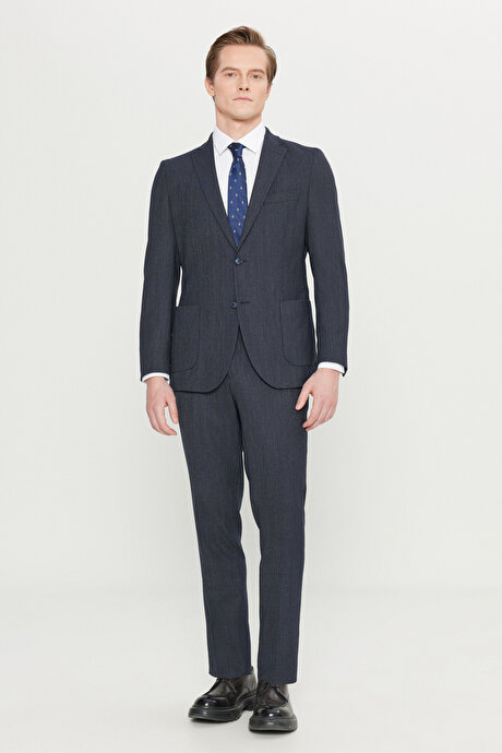 Yünlü Slim Fit Dar Kesim Mono Yaka Torba Cepli Desenli Esnek Lacivert Takım Elbise resmi