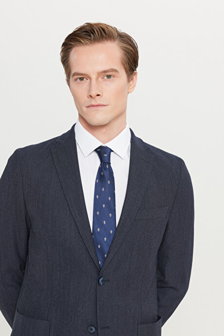 Yünlü Slim Fit Dar Kesim Mono Yaka Torba Cepli Desenli Esnek Lacivert Takım Elbise resmi