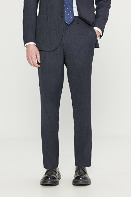 Yünlü Slim Fit Dar Kesim Mono Yaka Torba Cepli Desenli Esnek Lacivert Takım Elbise resmi