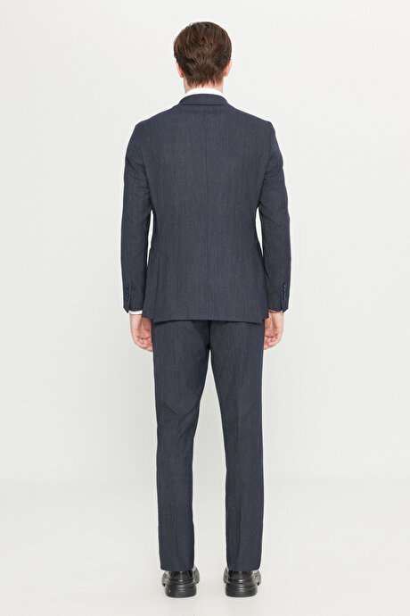 Yünlü Slim Fit Dar Kesim Mono Yaka Torba Cepli Desenli Esnek Lacivert Takım Elbise resmi