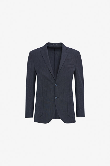 Yünlü Slim Fit Dar Kesim Mono Yaka Torba Cepli Desenli Esnek Lacivert Takım Elbise resmi