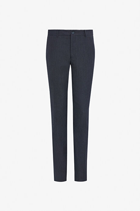 Yünlü Slim Fit Dar Kesim Mono Yaka Torba Cepli Desenli Esnek Lacivert Takım Elbise resmi