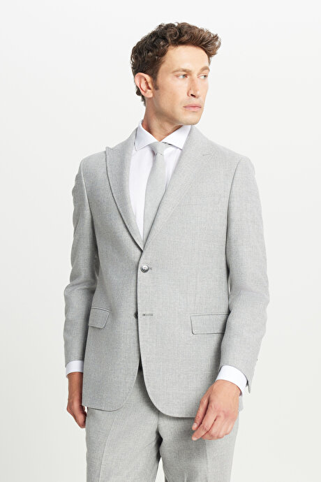 Yünlü Slim Fit Dar Kesim Kırlangıç Yaka Kapak Cepli Desenli Gri Takım Elbise resmi