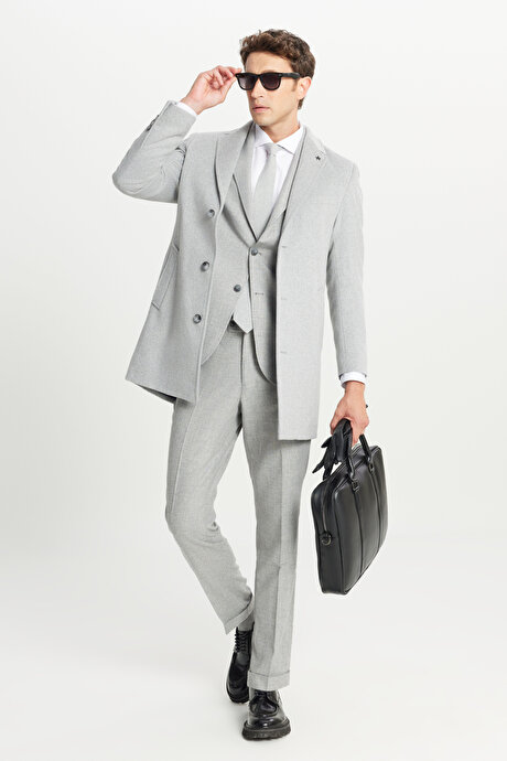 Yünlü Slim Fit Dar Kesim Kırlangıç Yaka Kapak Cepli Desenli Gri Takım Elbise resmi