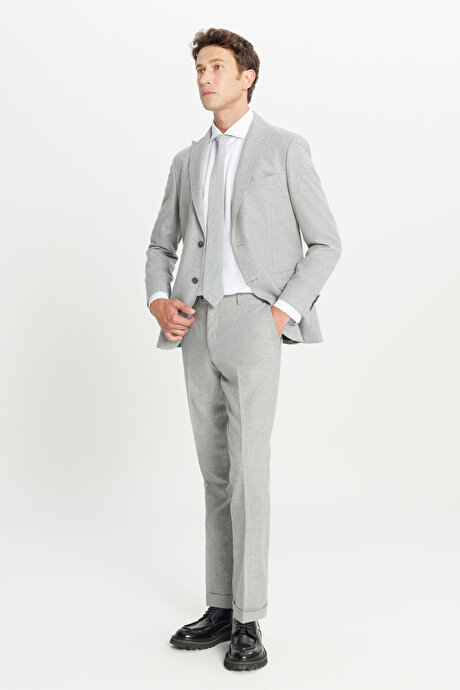 Yünlü Slim Fit Dar Kesim Kırlangıç Yaka Kapak Cepli Desenli Gri Takım Elbise resmi