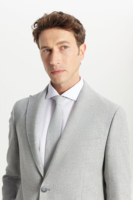 Yünlü Slim Fit Dar Kesim Kırlangıç Yaka Kapak Cepli Desenli Gri Takım Elbise resmi