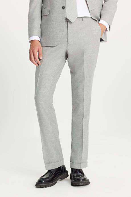 Yünlü Slim Fit Dar Kesim Kırlangıç Yaka Kapak Cepli Desenli Gri Takım Elbise resmi