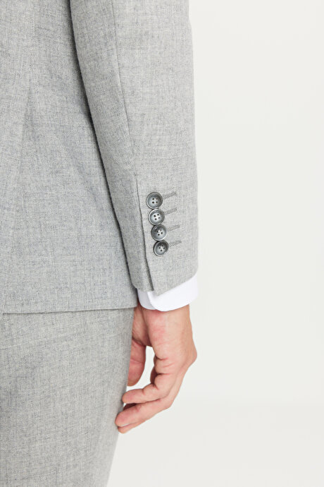 Yünlü Slim Fit Dar Kesim Kırlangıç Yaka Kapak Cepli Desenli Gri Takım Elbise resmi