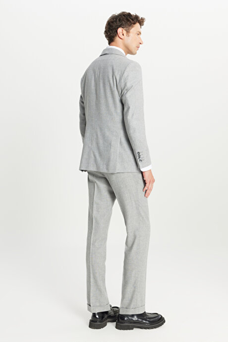 Yünlü Slim Fit Dar Kesim Kırlangıç Yaka Kapak Cepli Desenli Gri Takım Elbise resmi